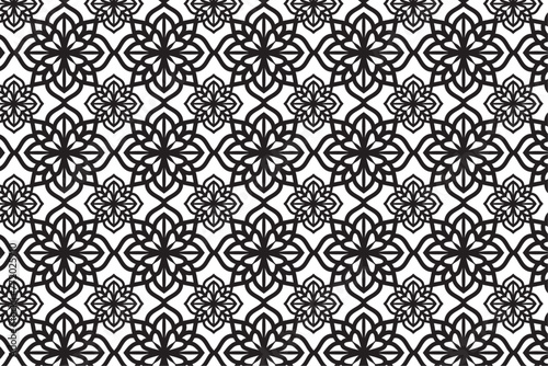 Geometric floral of seamless patterns. White and black vector backgrounds. Simple illustrations.