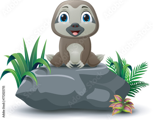 Cartoon funny baby sloth sitting on the stone