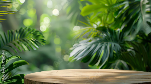 A round wooden podium stands amidst lush tropical greenery with soft lighting.