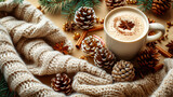Cup of coffee with milk and christmas decorations on light background