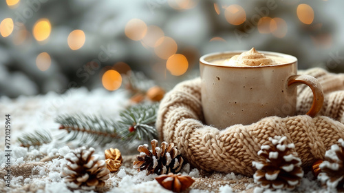 Cup of coffee with christmas decoration on bokeh background