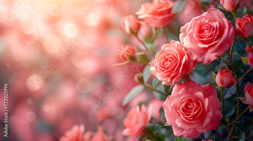 Beautiful pink roses in the garden with bokeh background.