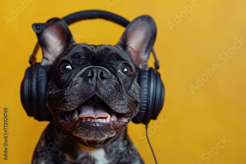 Happy dog in headphones on a yellow background. © Zoraiz