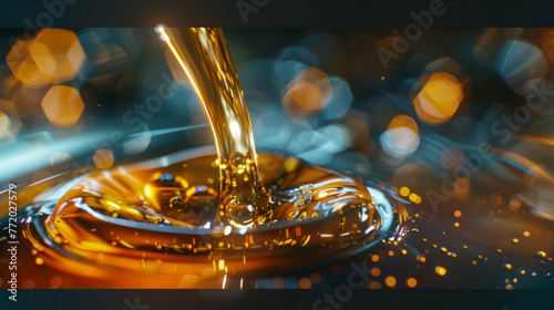 Golden oil flows from a bottle with a blurred background creating a bokeh effect.