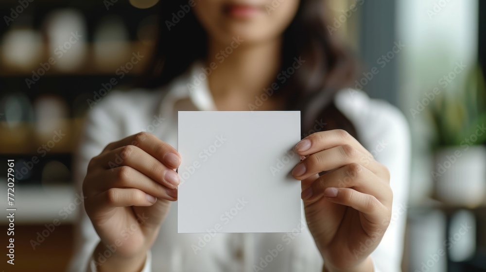 Mockup with beautiful manicured hands holding a 5 inches wide by 7 inches length, blank invitation card vertically, light background. Mockup with beautiful manicured hands holding a 5 inches wide by 7 inches length, blank invitation card vertically, light background.