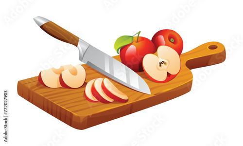 Fresh whole, half and cut slices apple fruits with knife on cutting board. Vector cartoon illustration