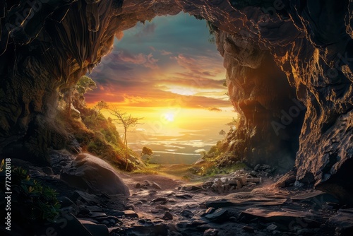 A view of a sunset from a cave opening. The sun is a bright orange disc setting in a sky filled with streaks of orange, pink, and purple. The silhouette of rocky cliffs can be seen in the foreground. © Zero Zero One