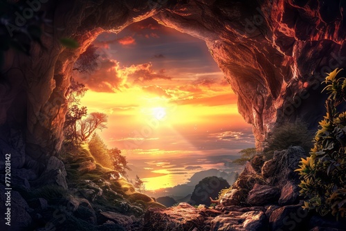 A view of a sunset from a cave opening. The sun is a bright orange disc setting in a sky filled with streaks of orange, pink, and purple. The silhouette of rocky cliffs can be seen in the foreground.