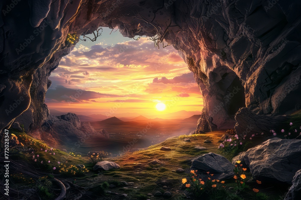 A view of a sunset from a cave opening. The sun is a bright orange disc setting in a sky filled with streaks of orange, pink, and purple. The silhouette of rocky cliffs can be seen in the foreground. - obrazy, fototapety, plakaty 