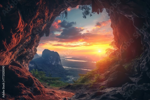 A view of a sunset from a cave opening. The sun is a bright orange disc setting in a sky filled with streaks of orange  pink  and purple. The silhouette of rocky cliffs can be seen in the foreground.