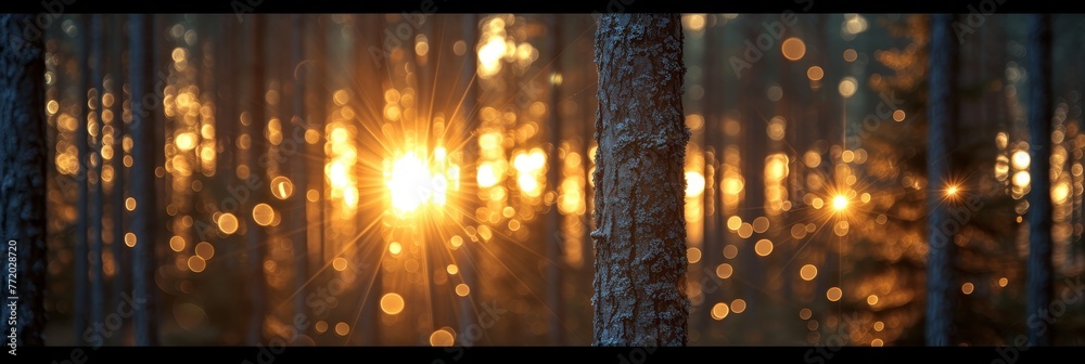 Obraz premium Unfocused sunlight forest with bokeh effect.