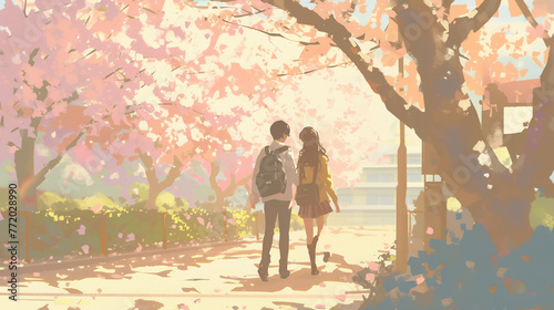 桜と男女の学生