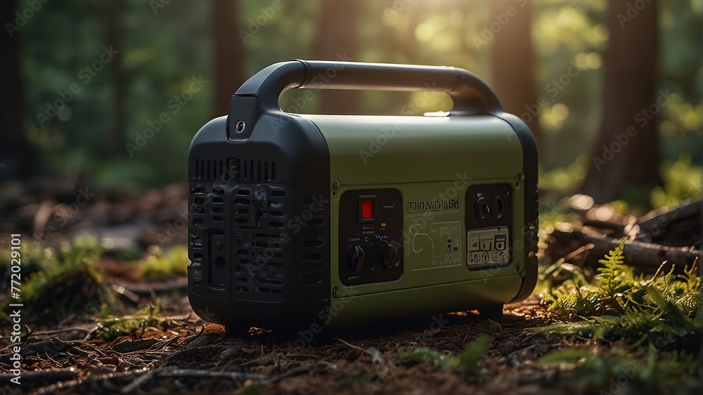 Solar-powered portable power station providing backup electricity for outdoor activities like camping, complete with laptop charging capabilities. Solar-powered portable power station providing backup electricity for outdoor activities like camping, complete with laptop charging capabilities.
