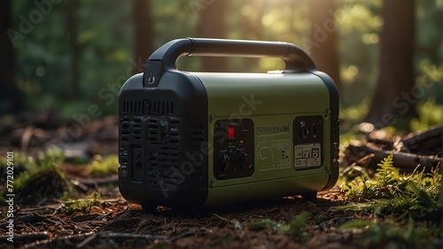 Solar-powered portable power station providing backup electricity for outdoor activities like camping, complete with laptop charging capabilities.