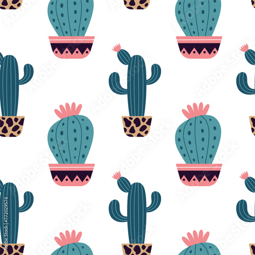 Cute cacti in boho style. Cactus seamless pattern. Trendy boho background. Cacti fabric print design. Succulent textile. Flat design, doodle style, white background