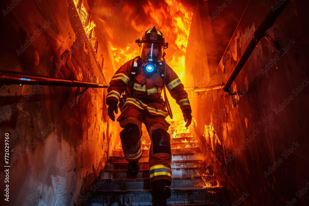 A firefighter in full gear walking down a flight of stairs during an emergency response