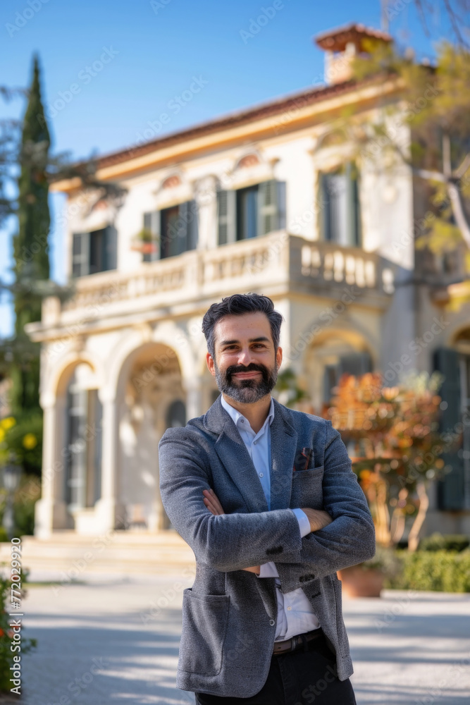 Mature man is standing in front of a grand, imposing house, looking directly at the camera