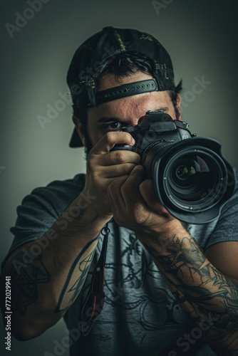 A tattooed man focuses intently as he takes a photo with his DSLR, framed by soft shadows