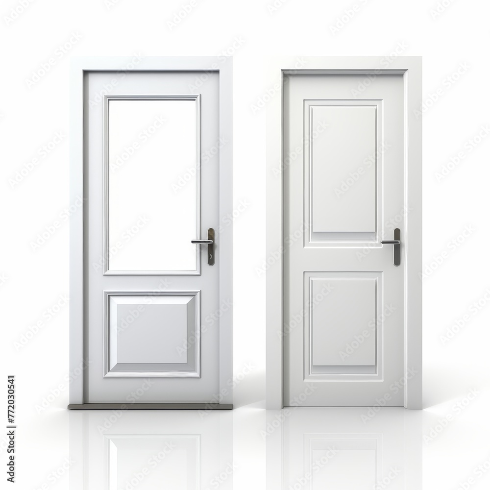Two closed white doors with modern minimalist design, isolated on a white background with reflections on the floor Two closed white doors with modern minimalist design, isolated on a white background with reflections on the floor