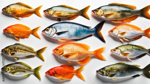A relief composition depicting many different species of fish, clearly separated from each other on a minimalistic white surface