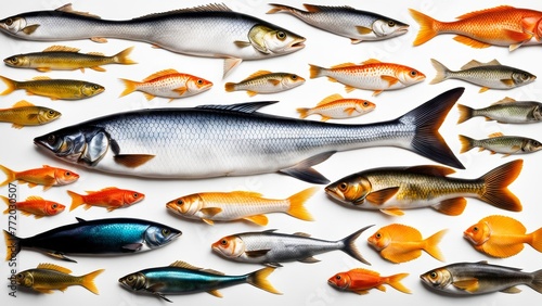 A relief composition depicting many different species of fish, clearly separated from each other on a minimalistic white surface photo