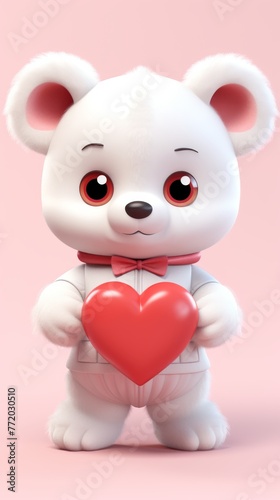 Cute 3D cartoon white bear holding red heart on pink background, perfect for Valentine's Day or for love theme