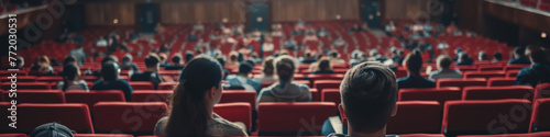 Group of people sitting in rows of seats inside a theater, watching a performance on stage