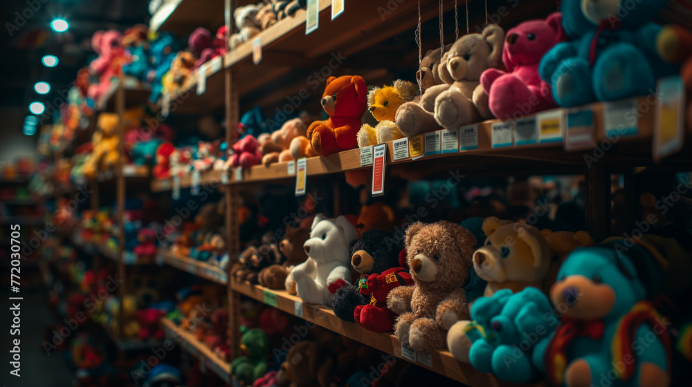 A dimly lit room filled with shelves densely packed with colorful bear dolls. The camera focuses on a unique Beanie Baby, highlighting its special tags and features, in a mysterious atmosphere.