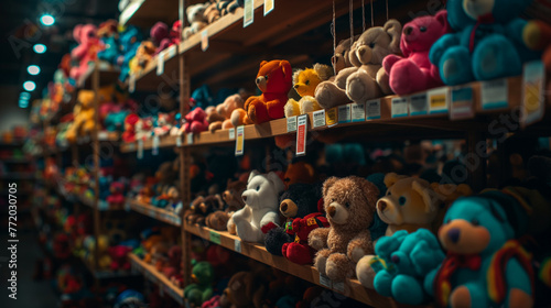 A dimly lit room filled with shelves densely packed with colorful bear dolls. The camera focuses on a unique Beanie Baby, highlighting its special tags and features, in a mysterious atmosphere.