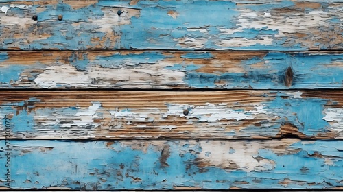 Weathered blue wooden planks with peeling paint, showcasing textures and patterns of rustic decay