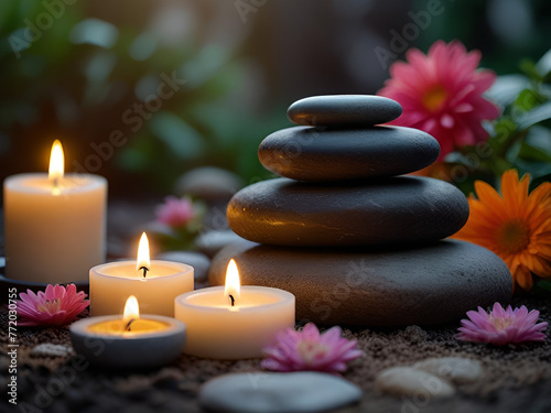 Banner spa stones in garden with candles and flowers for massage spa treatment  aroma  healthy wellness relax calm luxurious atmosphere with pampering and well-being healthy skin practices