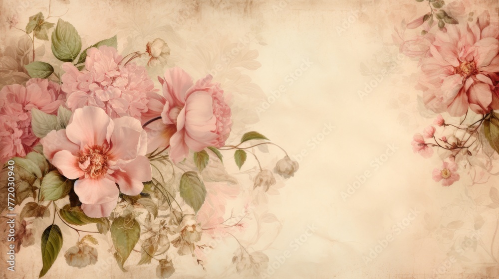 Vintage depiction with delicate pink flowers and green leaves on a pale beige background.