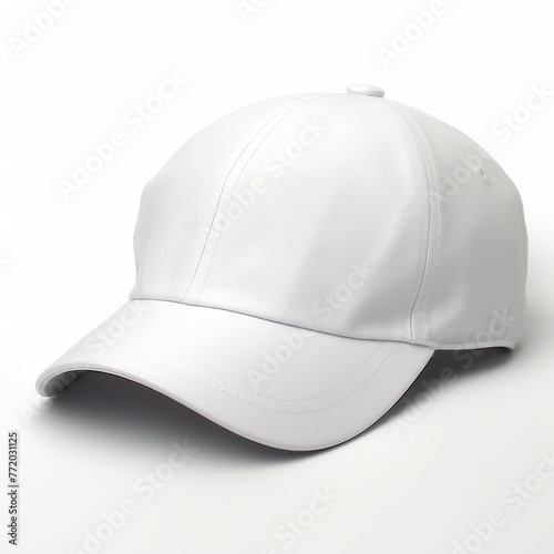 A plain white baseball cap with a curved brim and an adjustable strap, showcased on a white background, perfect for casual wear or as a customizable promotional item.
