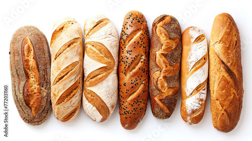 Different types of bread on isolated white background