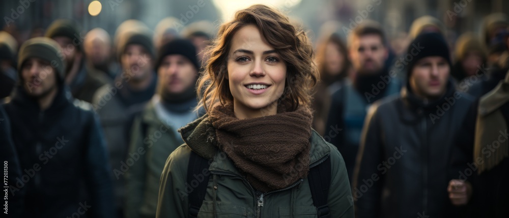 Young woman with a joyful smile, wearing jacket and a brown scarf, standing in front of a crowd of people