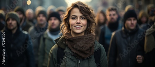 Young woman with a joyful smile, wearing jacket and a brown scarf, standing in front of a crowd of people