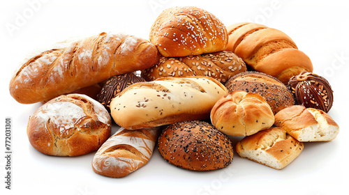 Different types of bread on isolated white background photo