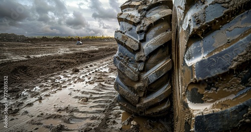 Heavy machinery tire tread in mud, close-up, cloudy day, ultra-wide lens, high texture detail. photo