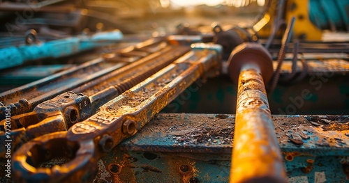 Rusty tools on a construction site, close-up, golden hour, wide lens, vibrant colors, sharp focus.  photo
