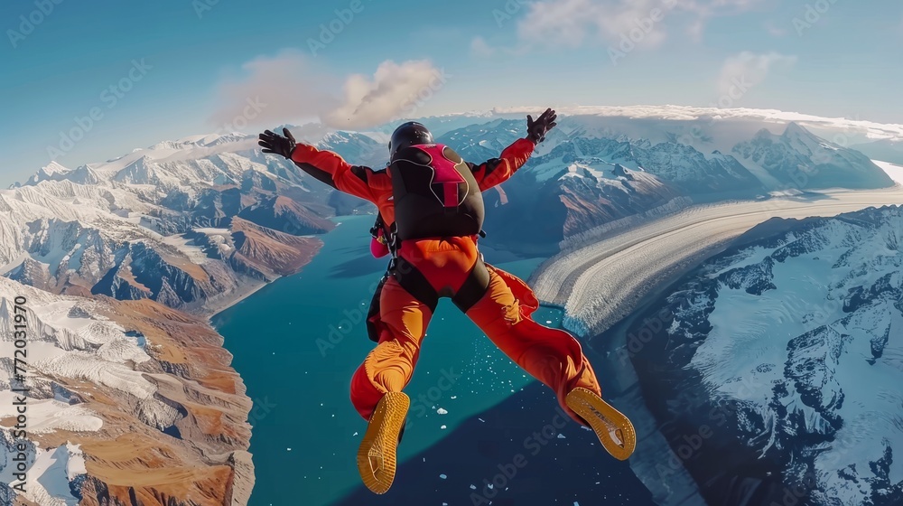 Skydiver in a wingsuit above mountainous terrain with a glacier and sea in the background during daytime.