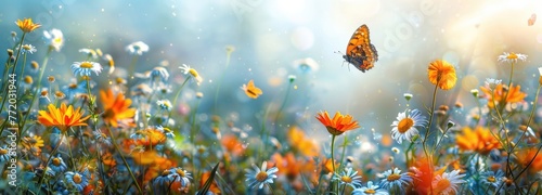 "Spring Bliss: Meadow with Daisies and Butterflies"