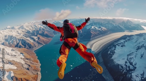 Skydiver in a wingsuit above mountainous terrain with a glacier and sea in the background during daytime.