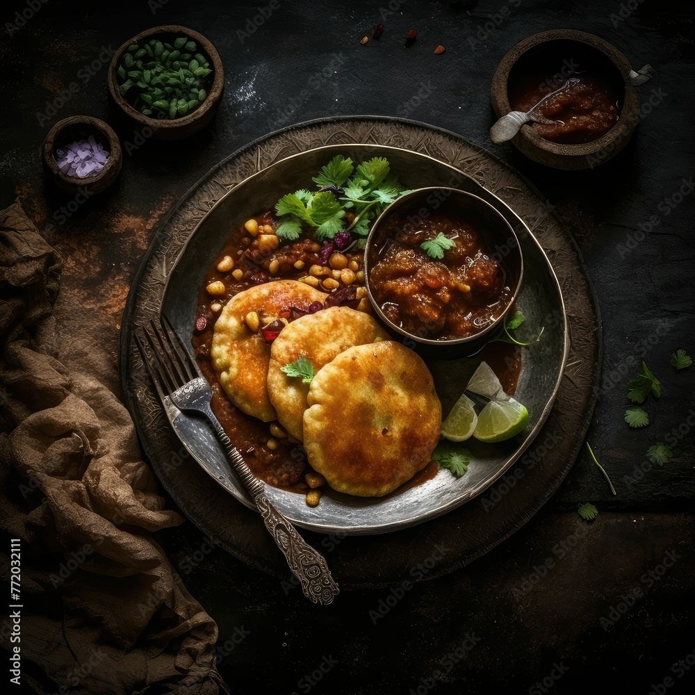 Delicious plate of Indian street food Chole Tikki. Generative AI Delicious plate of Indian street food Chole Tikki. Generative AI