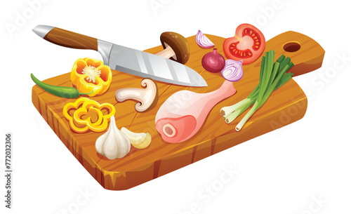 Fresh meat, vegetables and herbs with knife on cutting board. Healthy food ingredients. Vector illustration isolated on white background