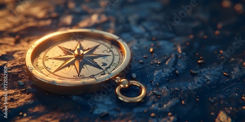 Vintage Compass Pointing Towards Uncharted Paths of Dreams and Imagination in Rendered Scene photo