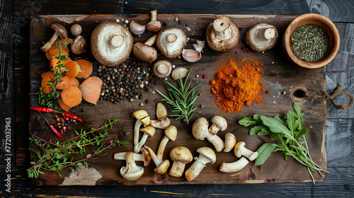 Kitchen board with neatly arranged champignons, vegetables and spices