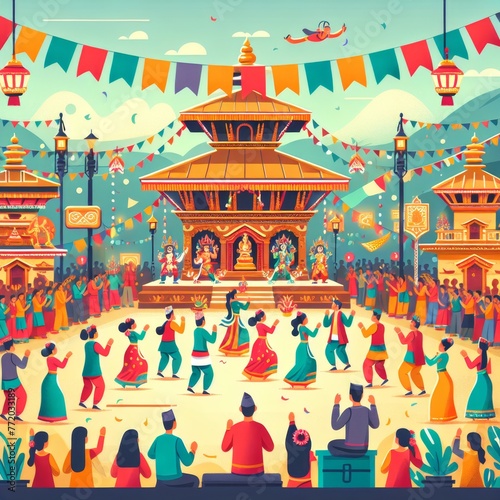  People celebrating festival in front of Nepali temple, traditional neapli dance,
 photo