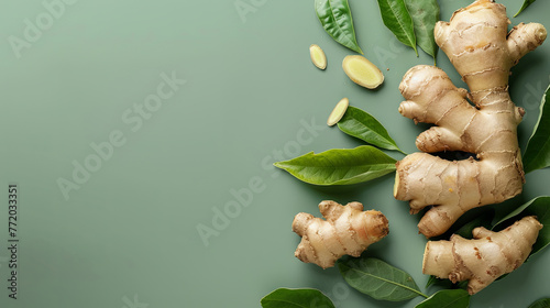Ginger root, known for its renowned beneficial properties, is displayed on an isolated green background, accentuating its innate health benefits and wholesome attributes