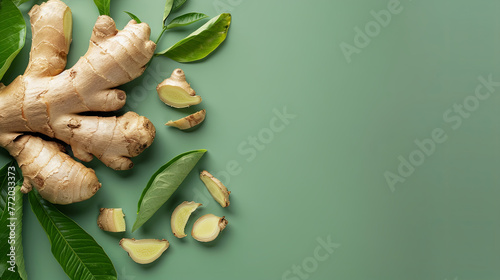 Ginger root, recognized for its renowned beneficial properties, is exhibited on an isolated green background, highlighting its intrinsic health benefits and wholesome characteristics
