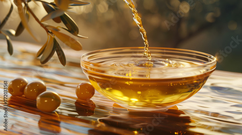 Golden olive oil flows into a glass bowl with olives and a branch in the background. photo